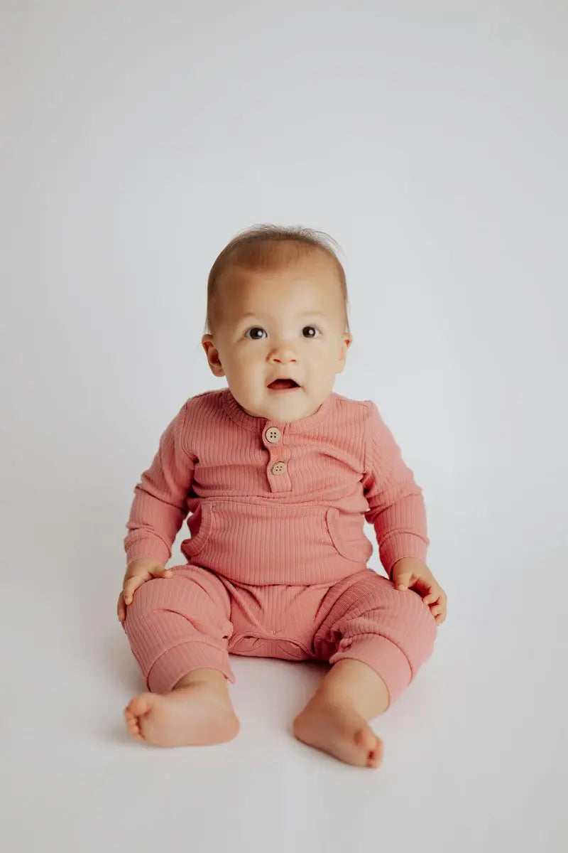 Three Little Tots Precious Pink Baby Ribbed Playsuit with pockets - 