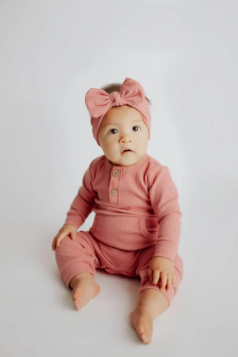Three Little Tots Precious Pink Baby Ribbed Playsuit with pockets - 