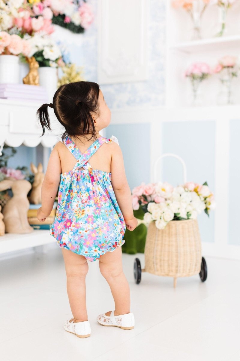 Mila & Rose ® Preppy Floral Ruffle Cross Back Romper for Girls Summer Fun - Everetts Place Boutique - 