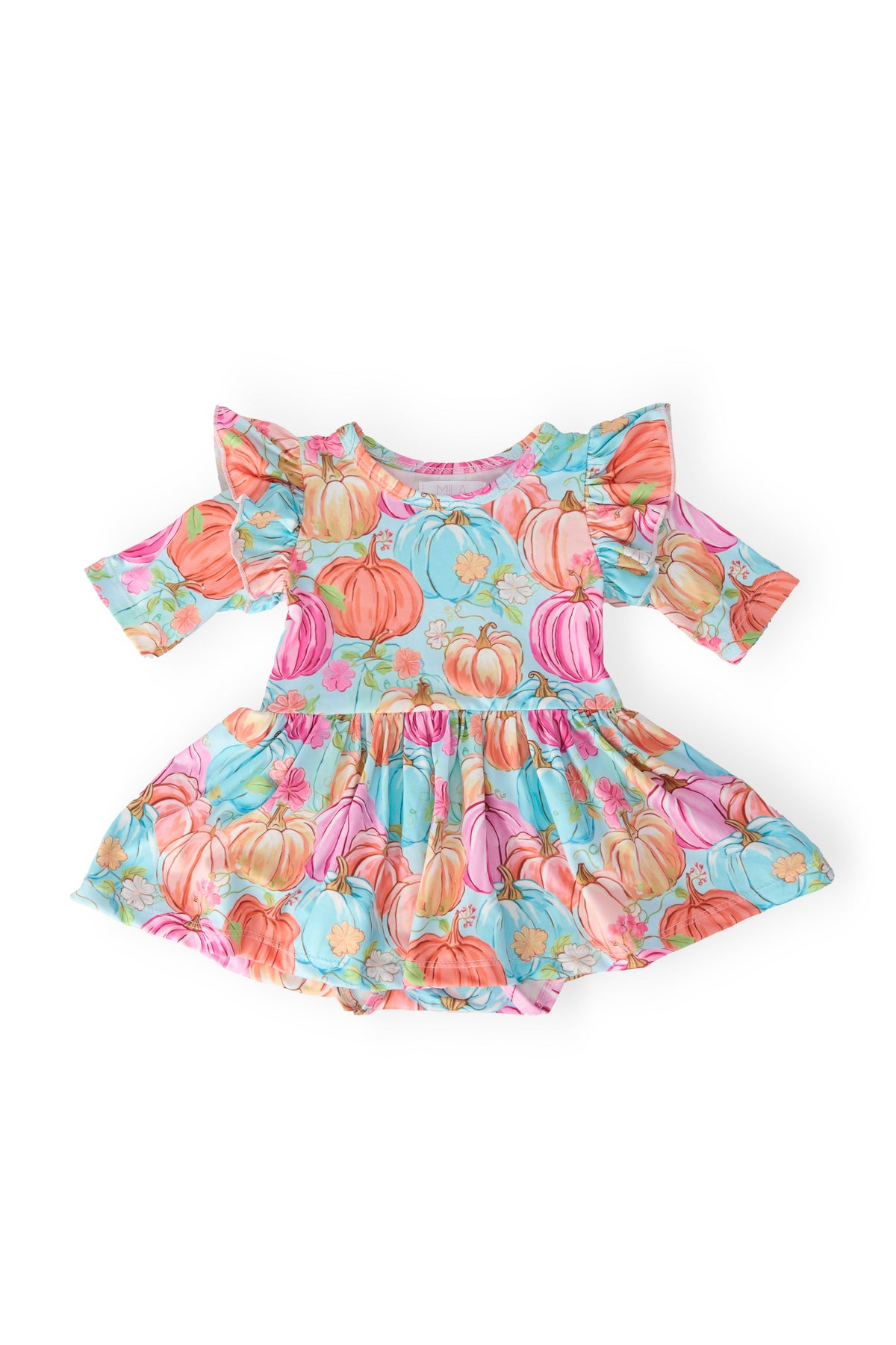 Baby twirl bodysuit with preppy pumpkin print, 3/4 flutter sleeves, and a full twirl skirt