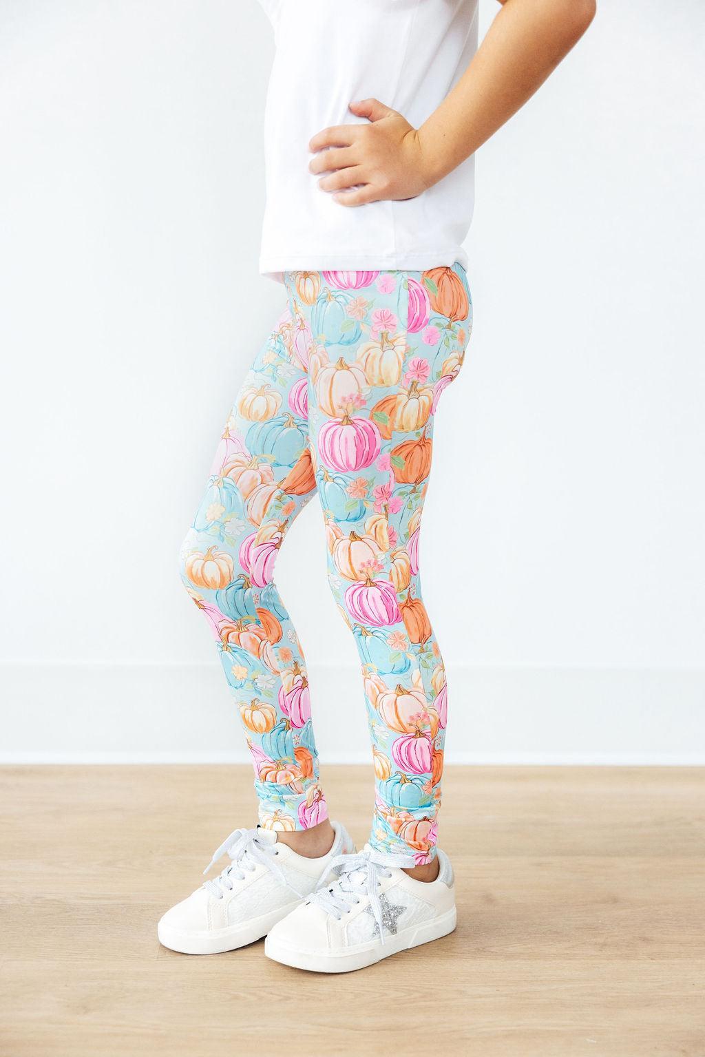 Mila & Rose Preppy Pumpkins organic baby toddler leggings, fall pumpkin print.