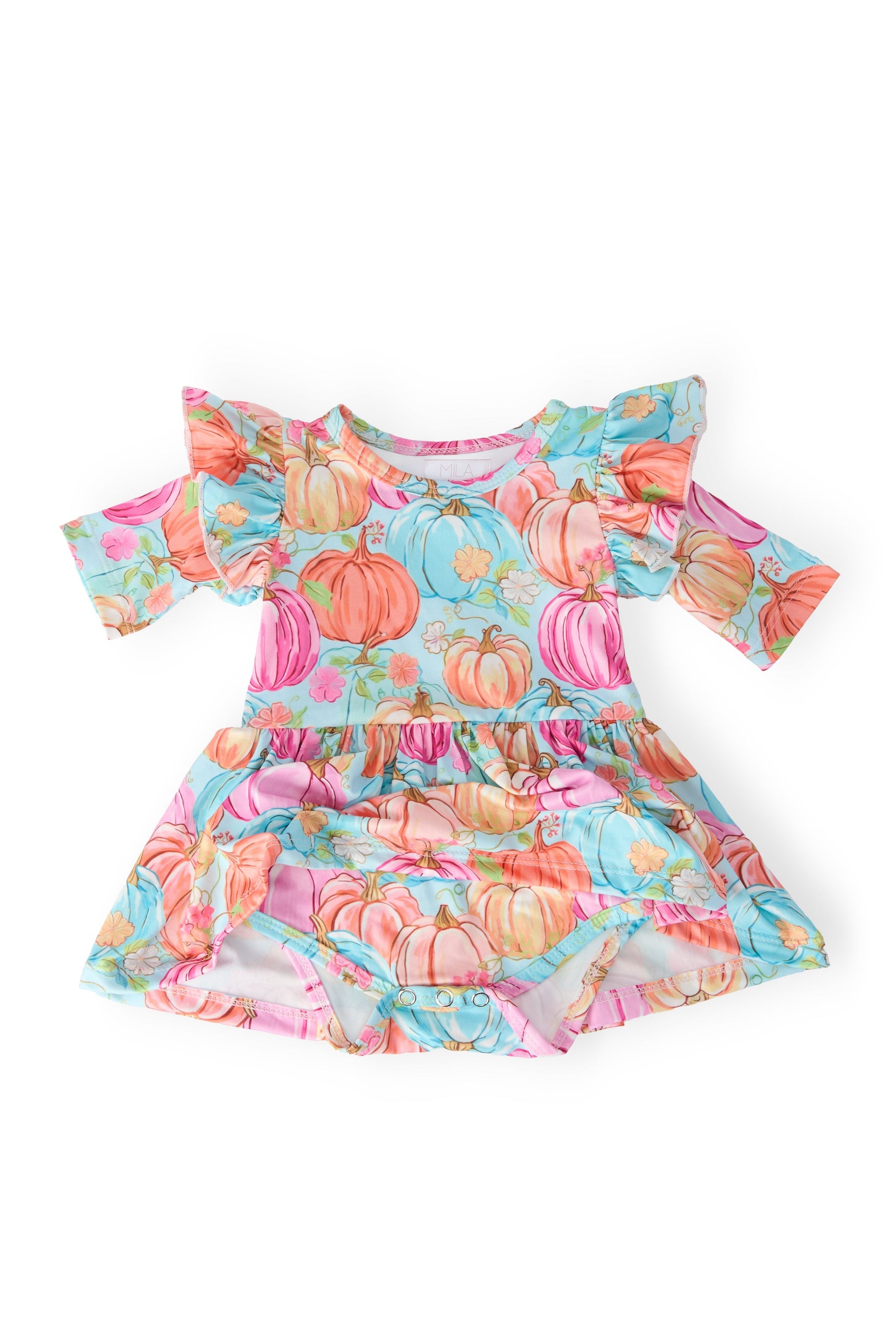 Preppy Pumpkins Three Quarter Sleeve Twirl Flutter Bodysuit Mila & Rose ® Everetts Place: Online Boutique