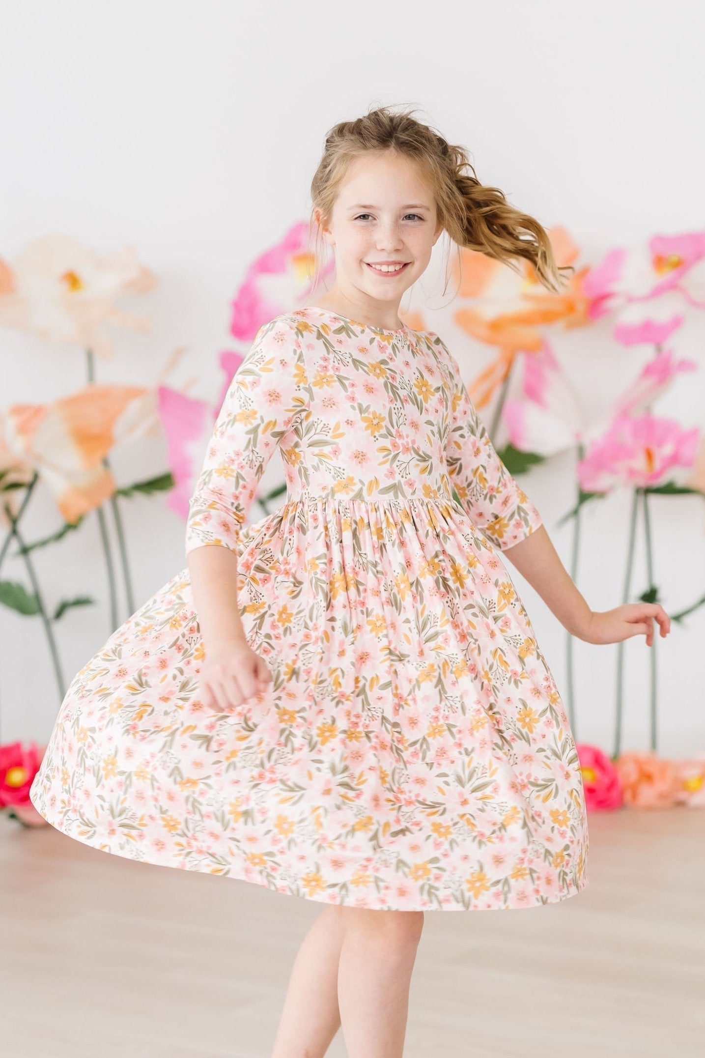 Pretty Peachy ThreeQuarter Sleeve Pocket Twirl Dress Girls Mila & Rose ® Everetts Place: Online Boutique