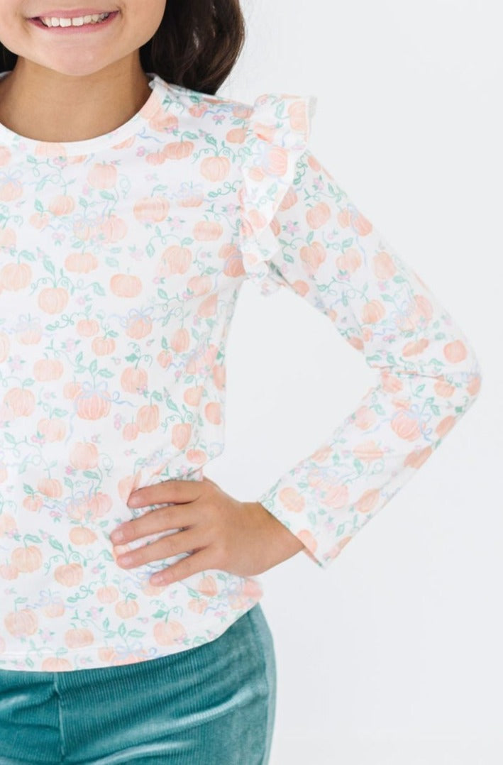 Pretty Pumpkins Long Sleeve Ruffle Tee For Girls Trendy Mila & Rose ® Everetts Place: Online Boutique