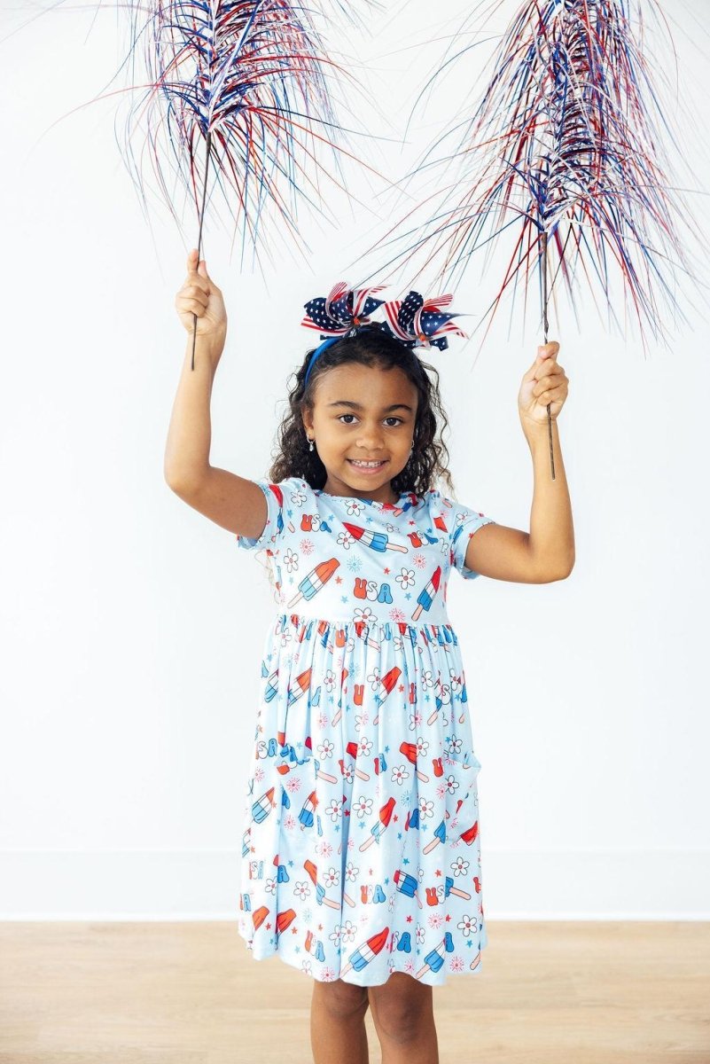 Mila & Rose ® Proudly Patriotic Short Sleeve Pocket Twirl Dress For Girls - Everetts Place Boutique - 