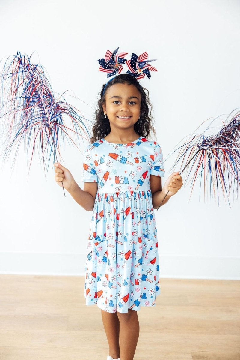 Mila & Rose ® Proudly Patriotic Short Sleeve Pocket Twirl Dress For Girls - Everetts Place Boutique - 