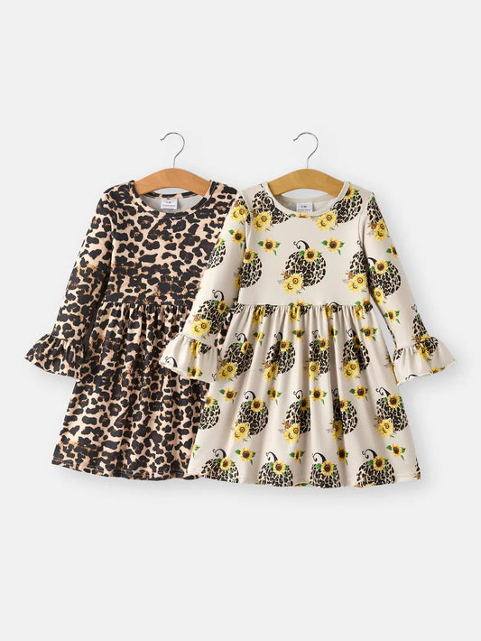 Pumpkin Leopard Print Autumn Girls Ruffle Two Piece Dress Rylee Faith Designs Everetts Place: Online Boutique