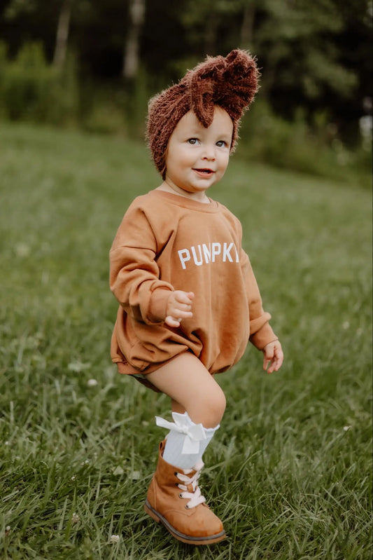 Pumpkin Oversized Sweatshirt Romper With Snap Closure Little Joy Co. Everetts Place: Online Boutique