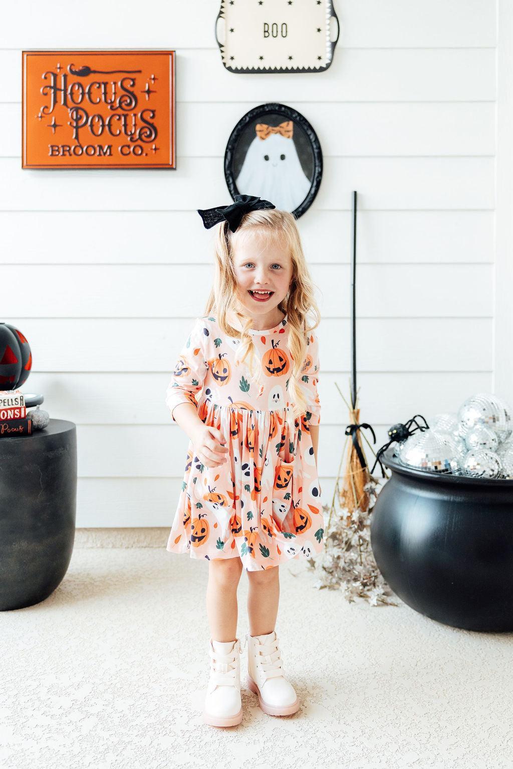 Pumpkin Peekaboo 3/4 Sleeve Pocket Twirl Dress by Mila & Rose ®