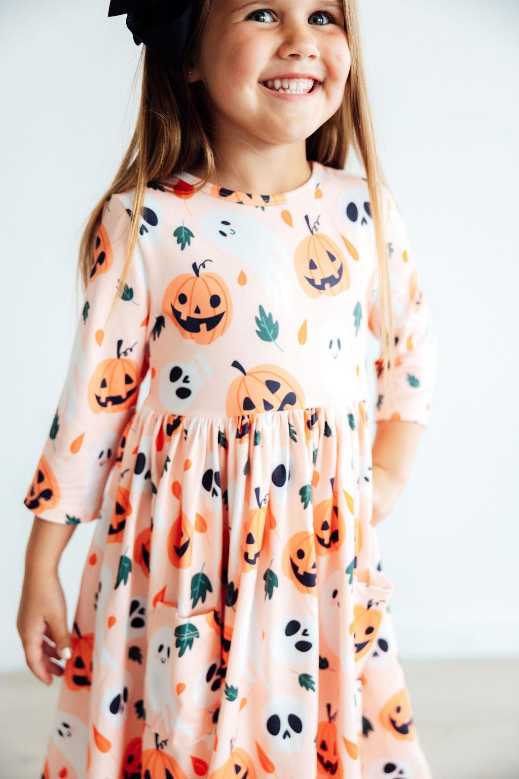 Pumpkin Peekaboo 3/4 Sleeve Pocket Twirl Dress by Mila & Rose ®