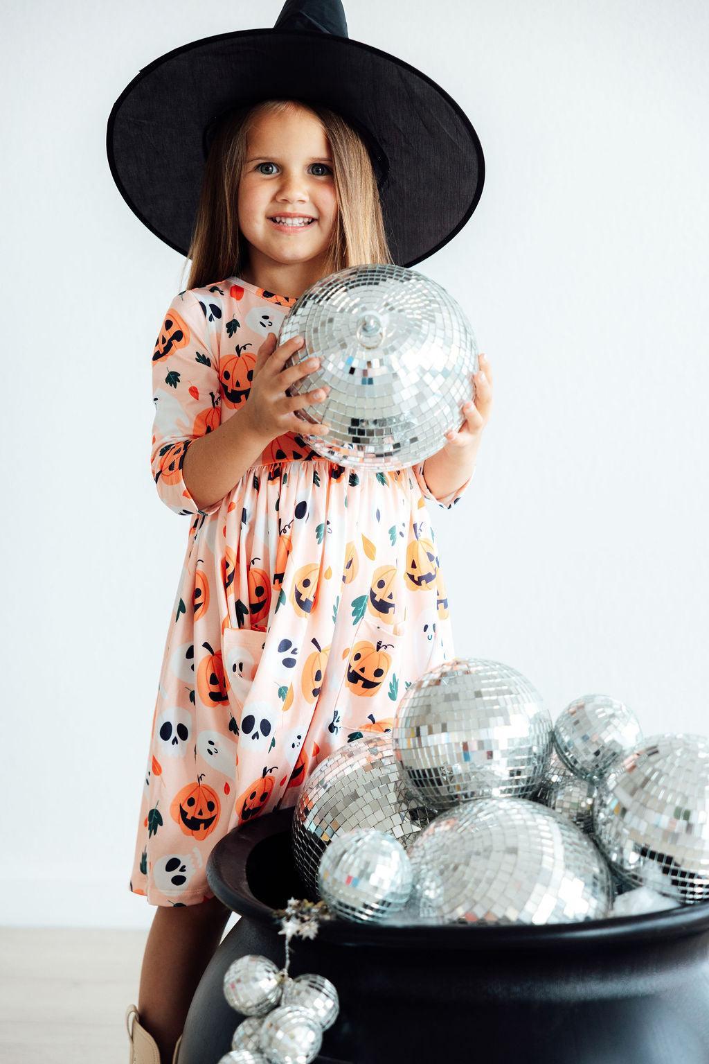 Pumpkin Peekaboo 3/4 Sleeve Pocket Twirl Dress by Mila & Rose ®