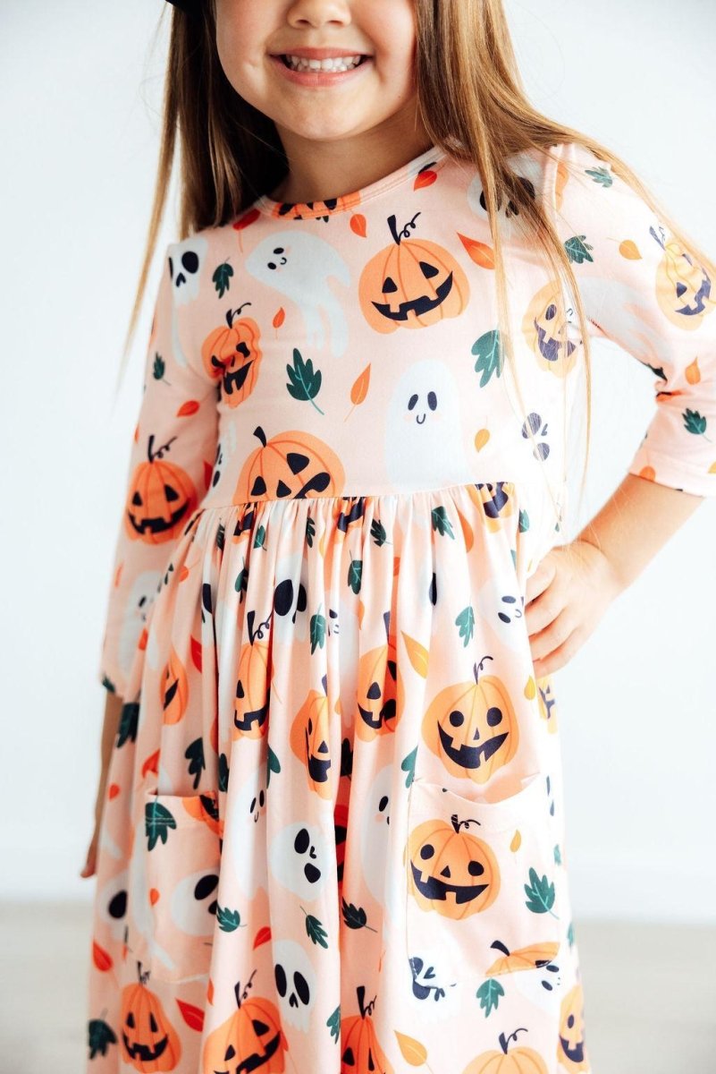 Mila & Rose ® Pumpkin Peekaboo Three Quarter Sleeve Pocket Twirl Dress - Everetts Place Boutique - 