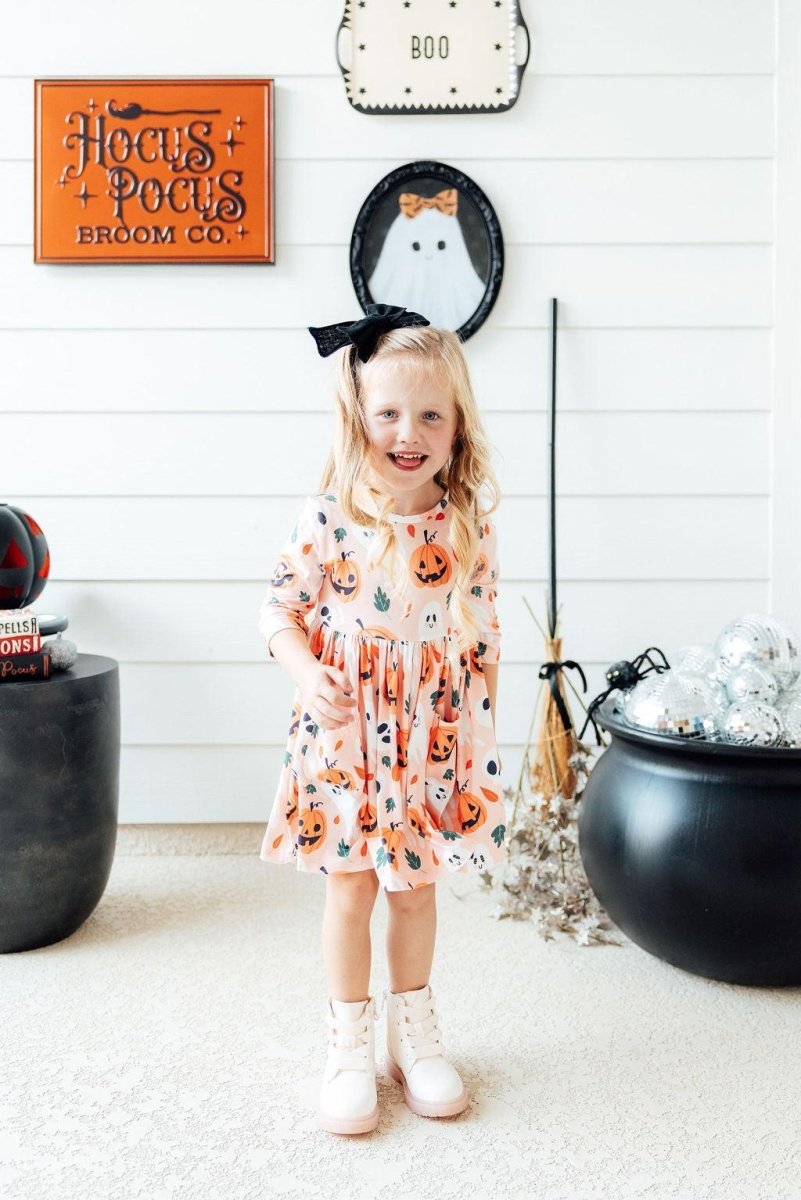 Mila & Rose ® Pumpkin Peekaboo Three Quarter Sleeve Pocket Twirl Dress - Everetts Place Boutique - 