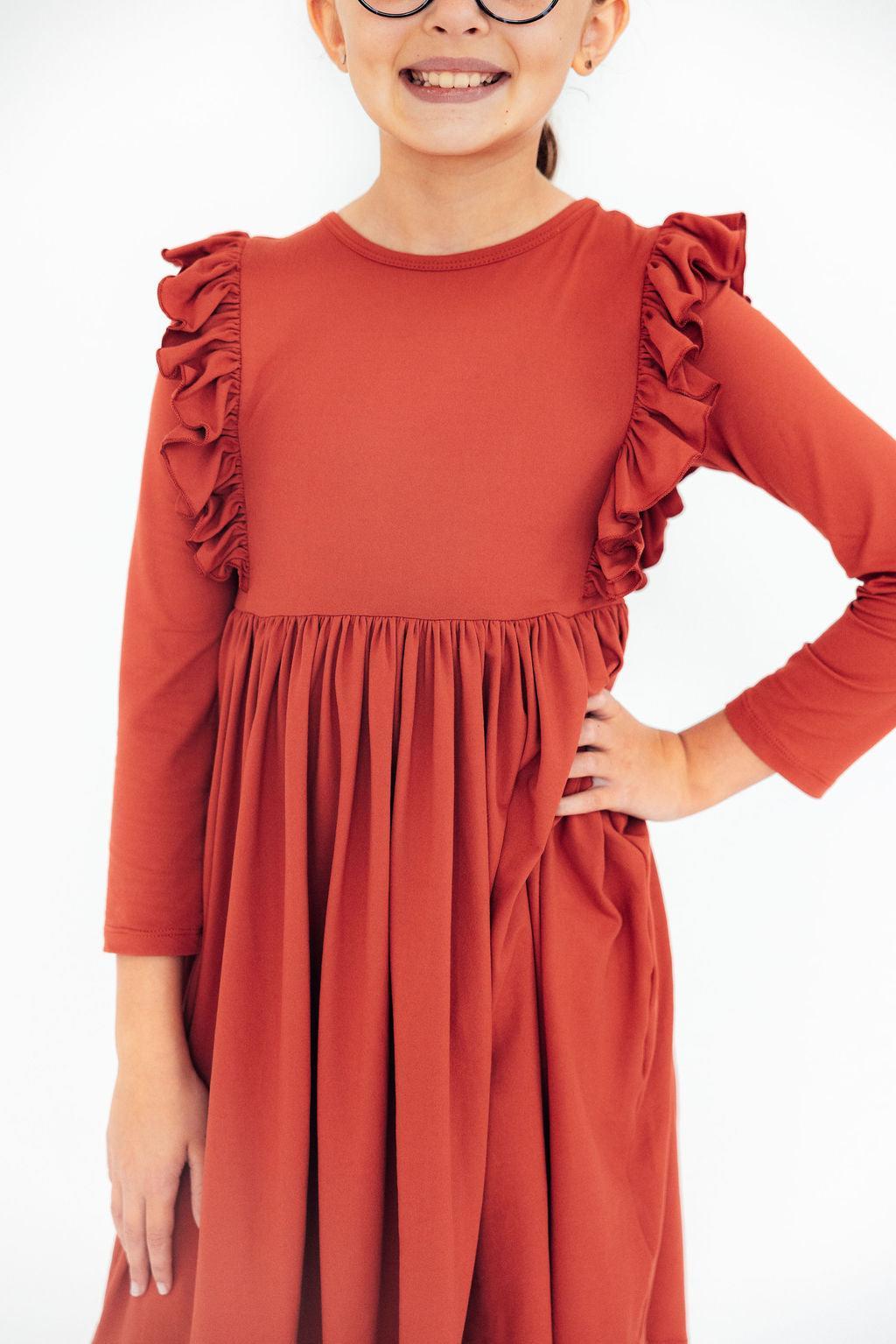 Polyester/Spandex Long Sleeve Ruffle Twirl Dress, Pumpkin Spice by Mila & Rose ®