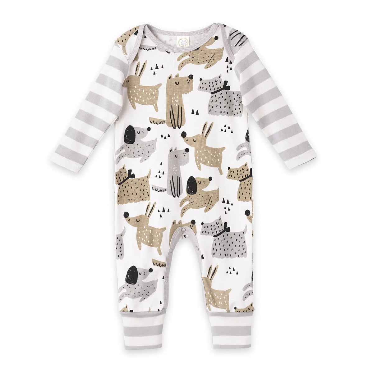 Puppy Dogs Romper For Babies With Soft 100 Percent Cotton And Grey Stripe Trim Tesa Babe 