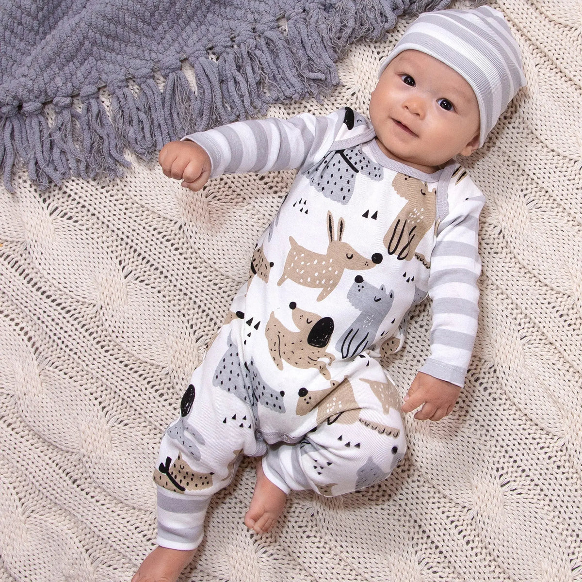Puppy Dogs Romper For Babies With Soft 100 Percent Cotton And Grey Stripe Trim Tesa Babe 