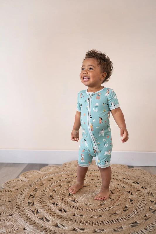 Puppy Egg Hunt Romper Aquamarine Dreamlet Baby Outfit Dreamlet Everetts Place: Online Boutique