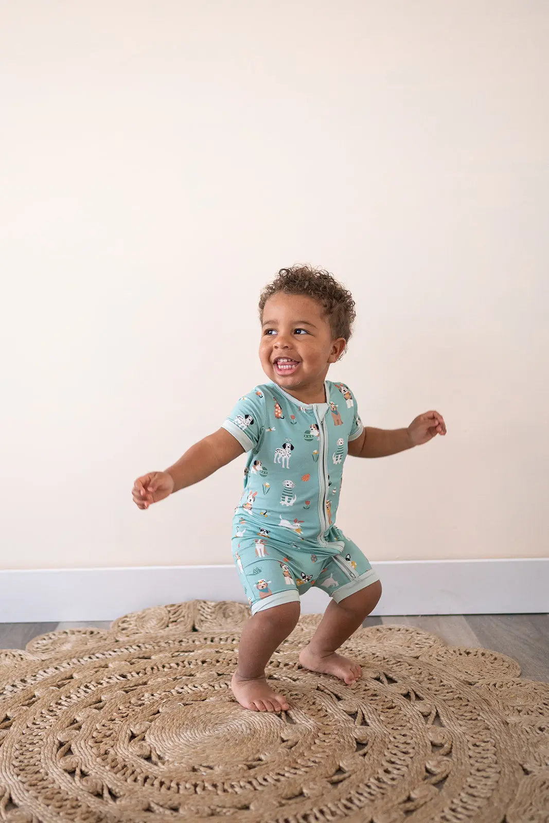Puppy Egg Hunt Romper Aquamarine Dreamlet Baby Outfit Dreamlet Everetts Place: Online Boutique