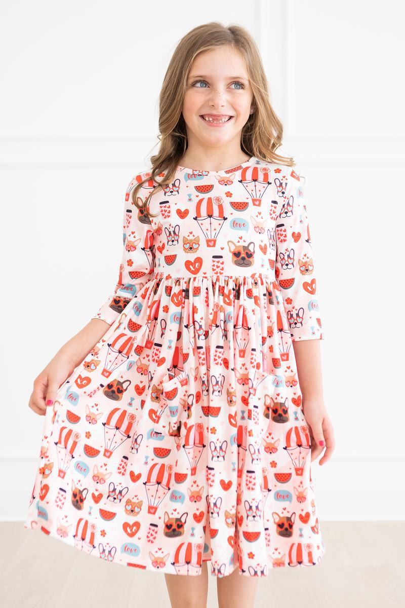 Mila & Rose ® Puppy Love Three Quarter Sleeve Pocket Twirl Dress Mila Rose - Everetts Place Boutique - 