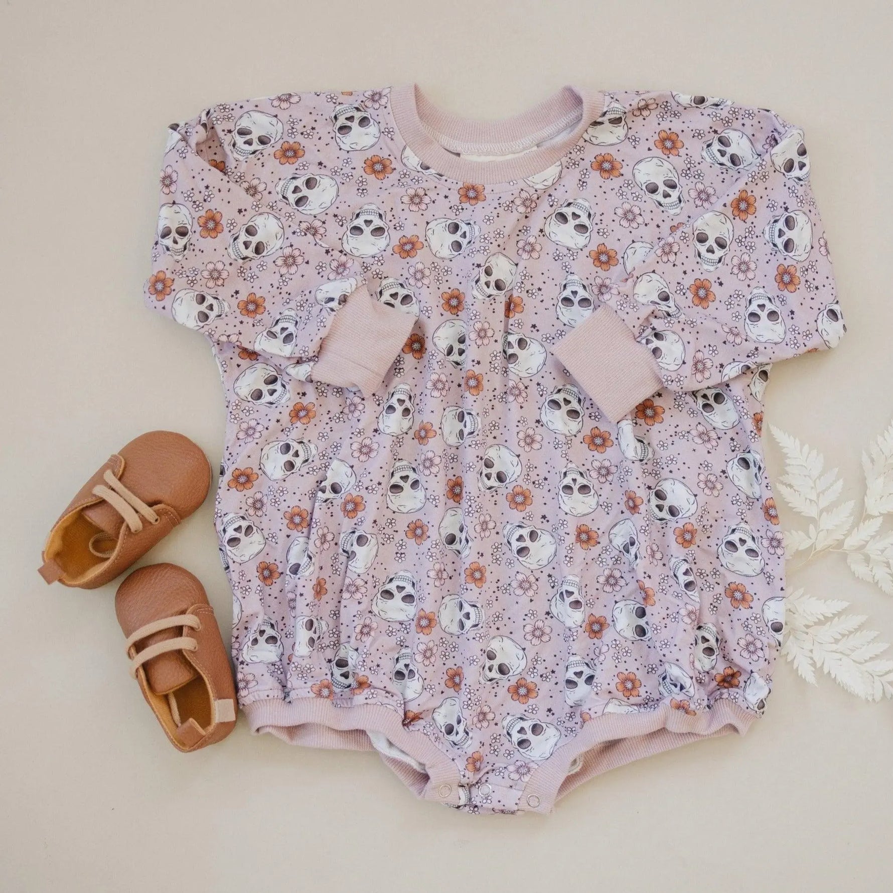 Little Joy Co. Purple Floral Skulls Bamboo Bubble Romper For Baby - Apparel & Accessories > Clothing > Baby & Toddler Clothing > Baby & Toddler Outfits