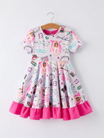 Purple TS Print Ruffle Girls Short Sleeve Christmas Dress - Everetts Place Boutique - 