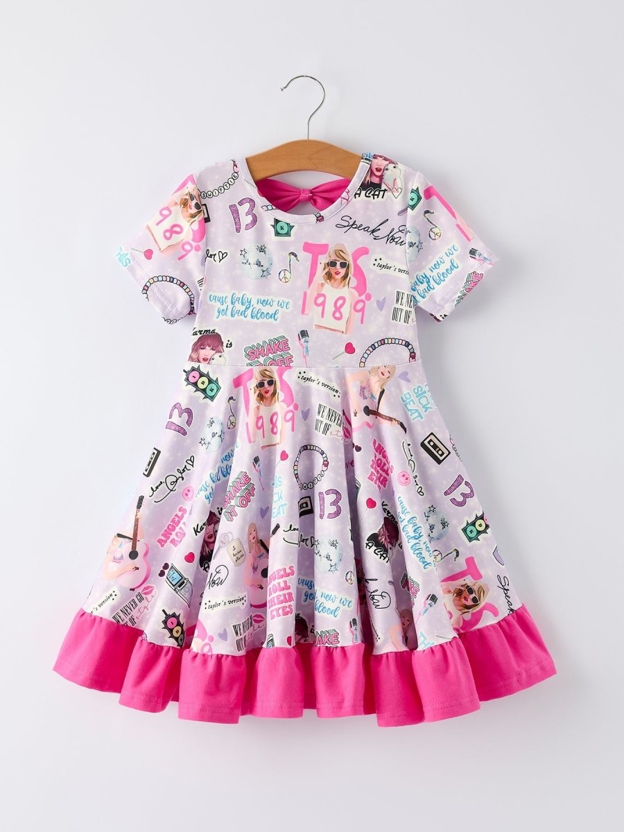 Purple TS Print Ruffle Girls Short Sleeve Christmas Dress - Everetts Place Boutique - 