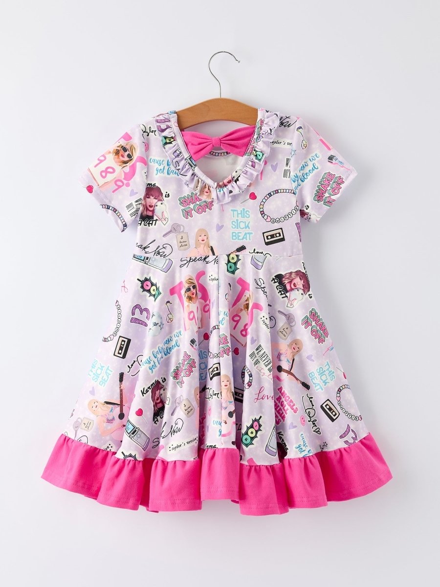Purple TS Print Ruffle Girls Short Sleeve Christmas Dress - Everetts Place Boutique - 