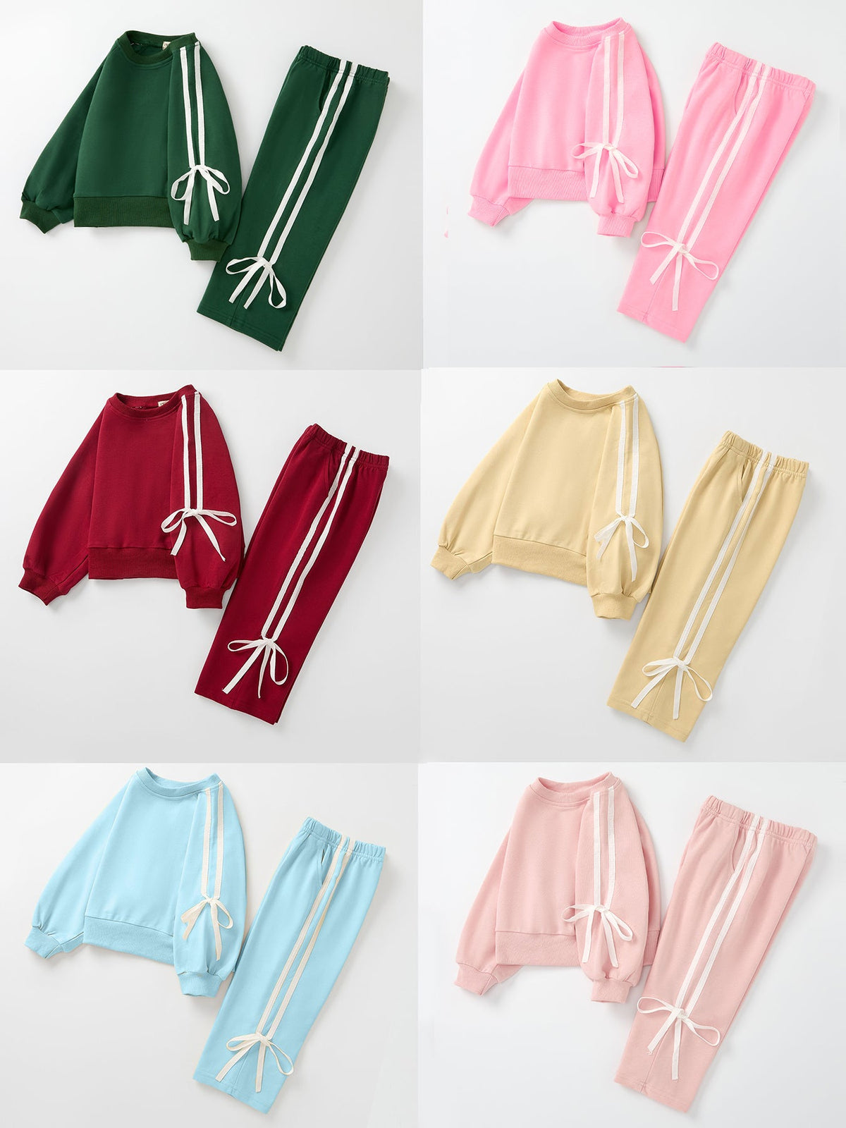 Girls Cotton Polyester Sweatshirt and Pants Set, Pink Bow Trim by Rylee Faith Designs