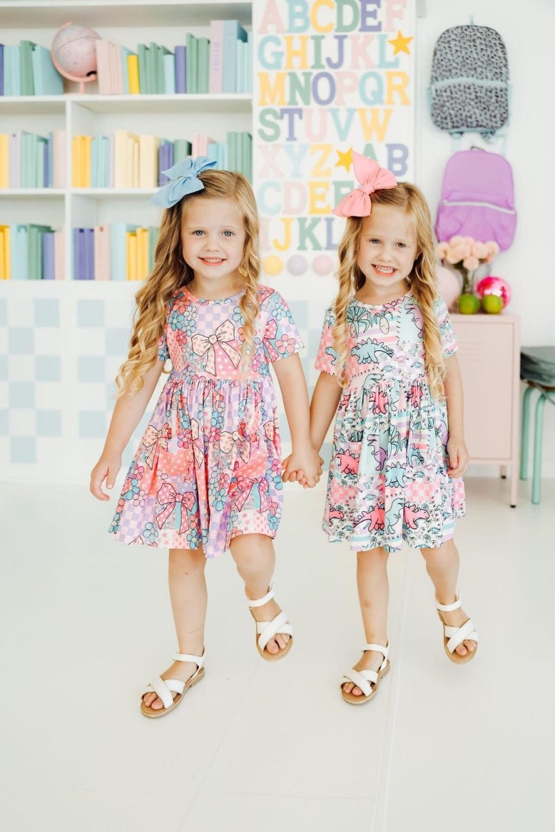 Mila & Rose ® Quilted Dinos Short Sleeve Pocket Twirl Dress For Girls - Everetts Place Boutique - 