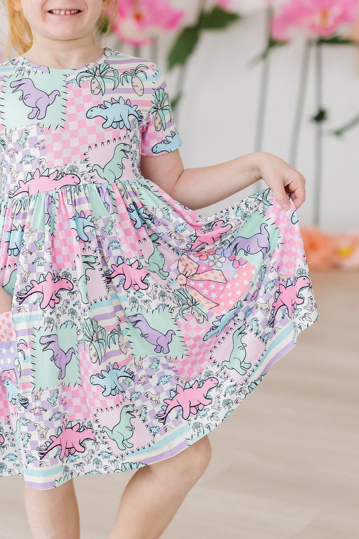 Quilted Dinos Short Sleeve Pocket Twirl Dress For Girls Mila & Rose ® Everetts Place: Online Boutique