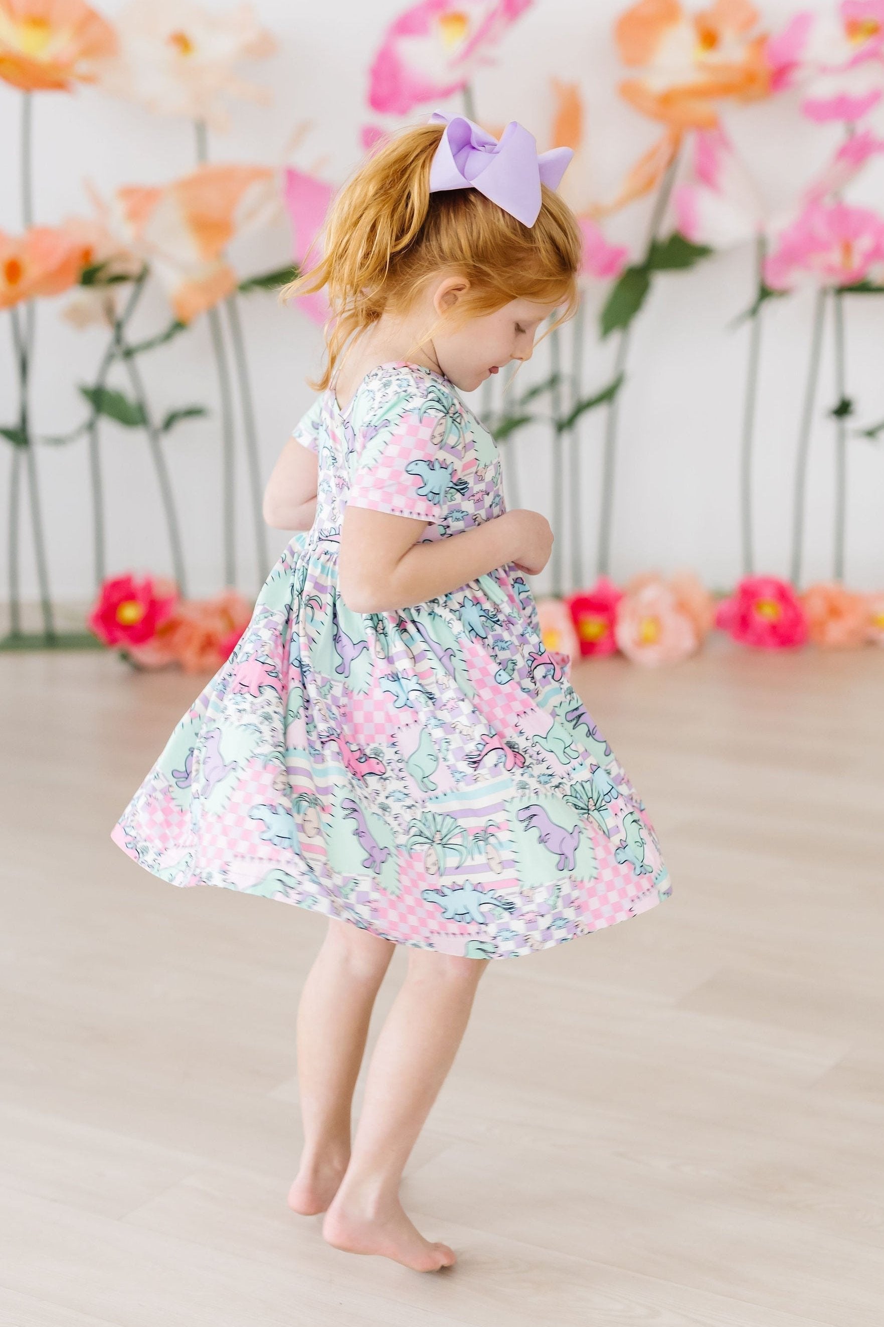 Quilted Dinos Short Sleeve Pocket Twirl Dress For Girls Mila & Rose ® Everetts Place: Online Boutique