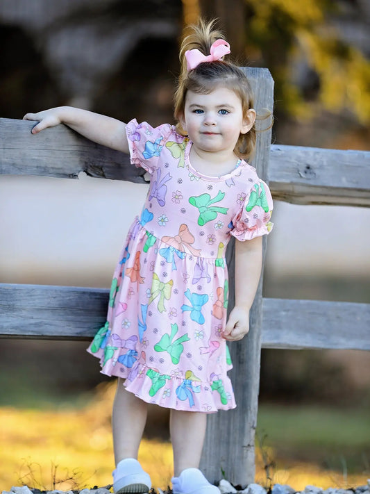 Colorful Bow Print Ruffles Girls Dress for Celebrations Rylee Faith Designs
