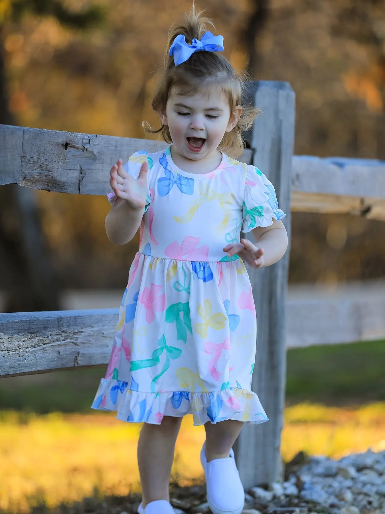 Easter Colorful Bow Print Puff Sleeve Girls Dress Rylee Faith Designs
