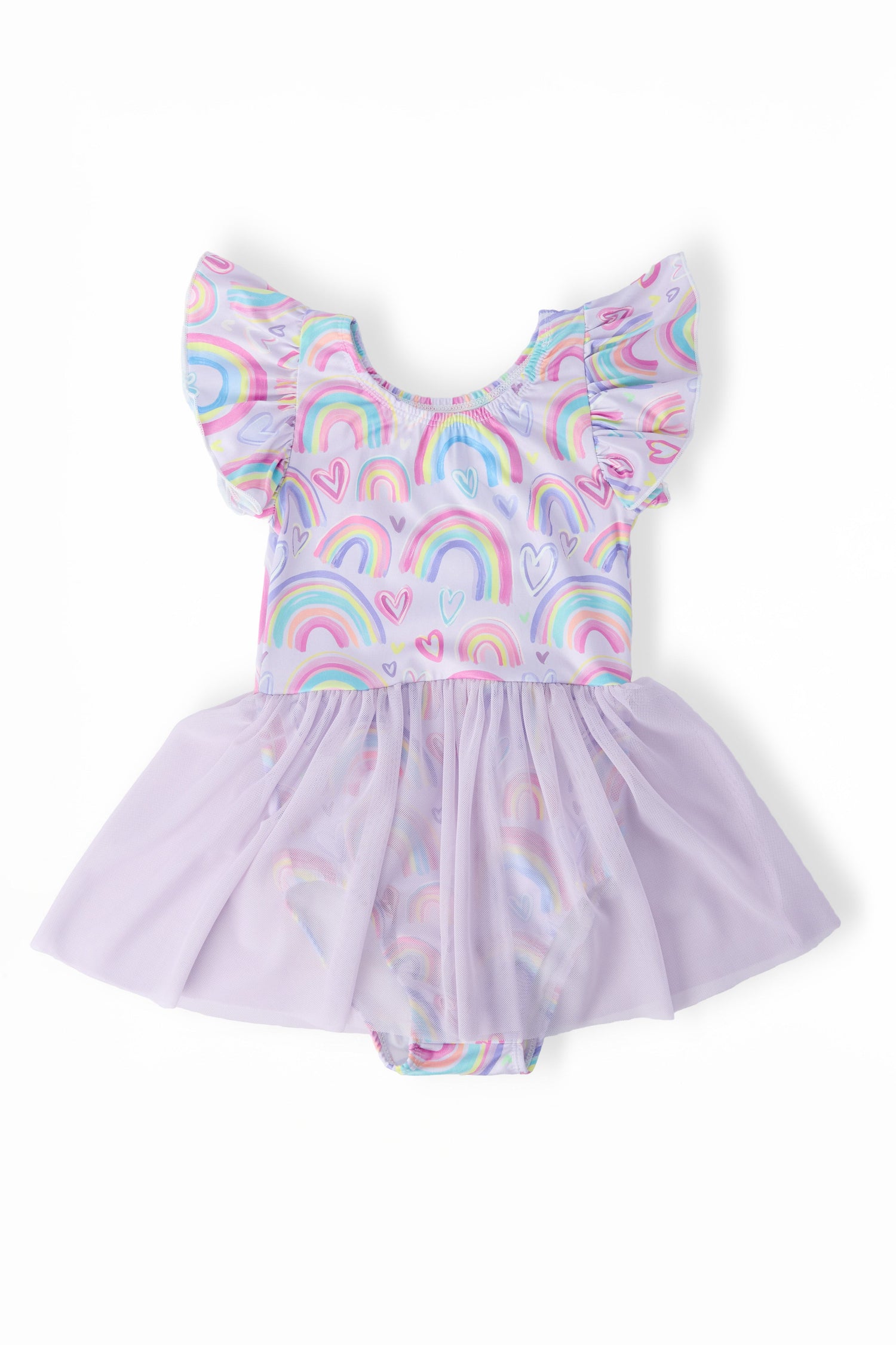 Short-sleeve twirl leotard in rainbow colors with an attached flared skirt
