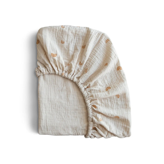 Mini Muslin Crib Sheet 100 Percent Cotton Extra Soft Breathable Fabric Full Elastic Edges Pre-Washed For Softness Mushie