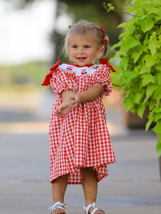 Red Cherry Bow Plaid Smocking Embroidery Girls Dress Rylee Faith Designs Everetts Place: Online Boutique