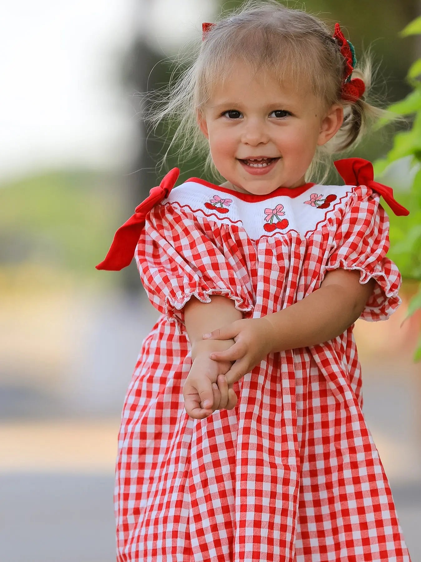 Red Cherry Bow Plaid Smocking Embroidery Girls Dress Rylee Faith Designs Everetts Place: Online Boutique