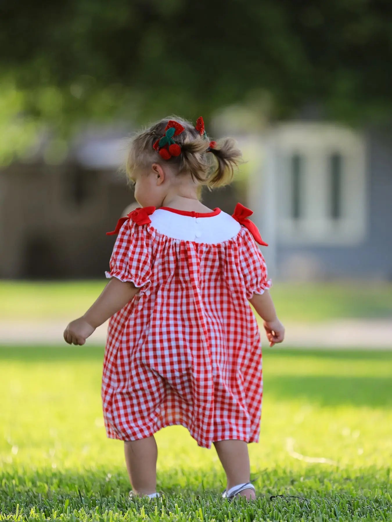 Red Cherry Bow Plaid Smocking Embroidery Girls Dress Rylee Faith Designs Everetts Place: Online Boutique