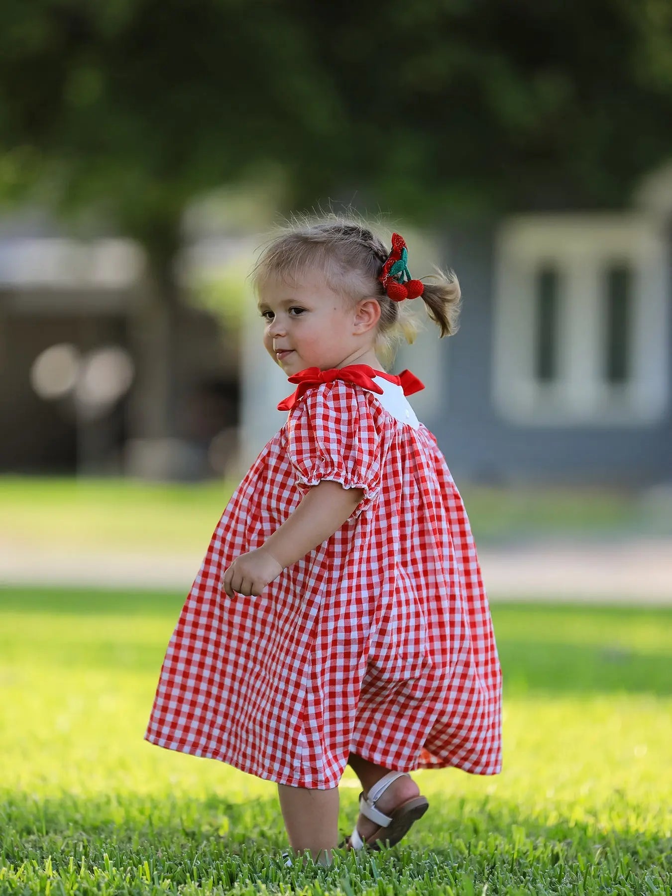 Red Cherry Bow Plaid Smocking Embroidery Girls Dress Rylee Faith Designs Everetts Place: Online Boutique