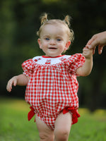 Rylee Faith Designs Red Cherry Bow Plaid Smocking Embroidery Girls Romper - Apparel & Accessories > Clothing > Baby & Toddler Clothing > Baby & Toddler Outfits Romper