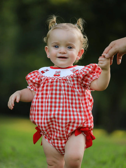 Red Cherry Bow Plaid Smocking Embroidery Girls Romper Rylee Faith Designs Everetts Place: Online Boutique