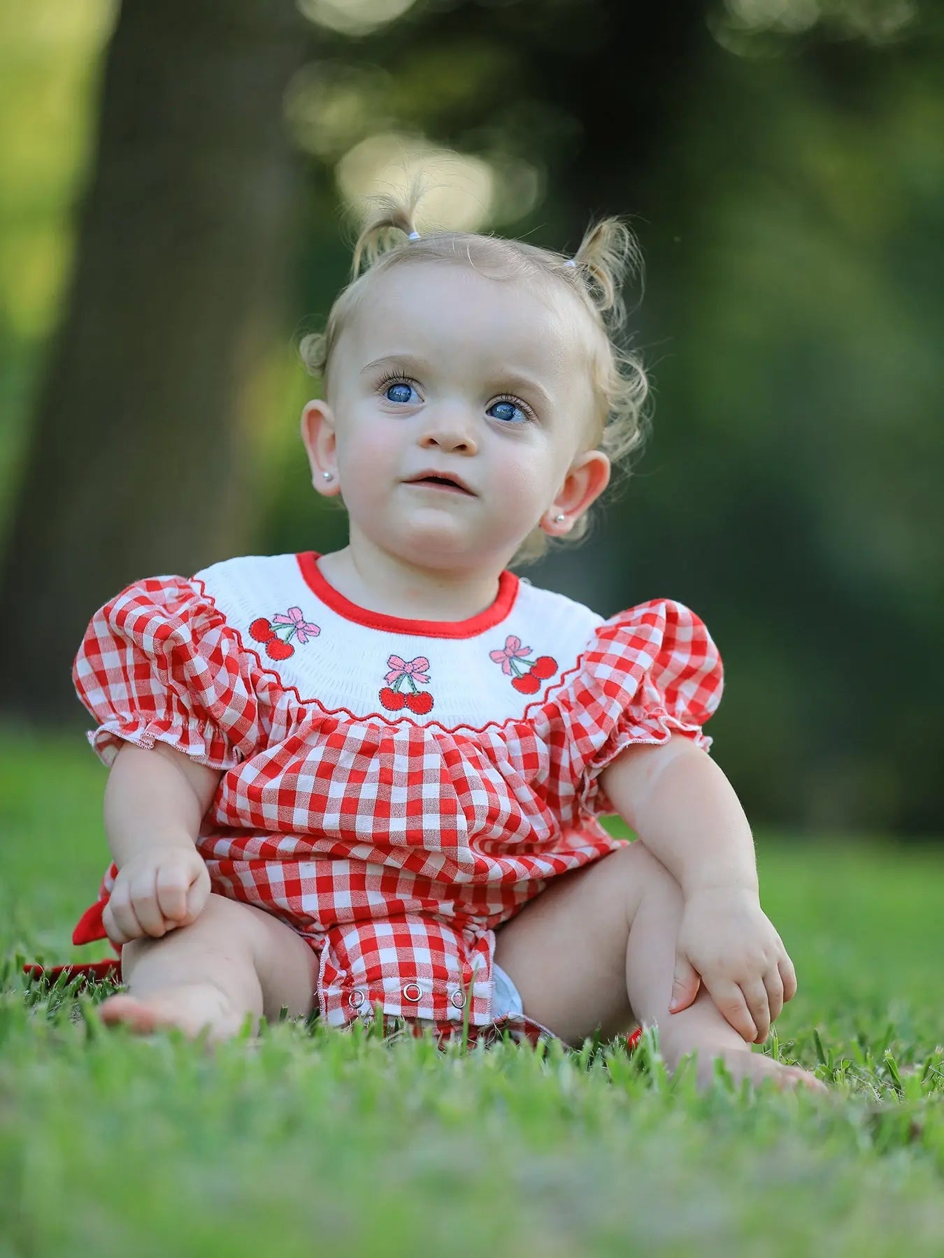 Red Cherry Bow Plaid Smocking Embroidery Girls Romper Rylee Faith Designs Everetts Place: Online Boutique