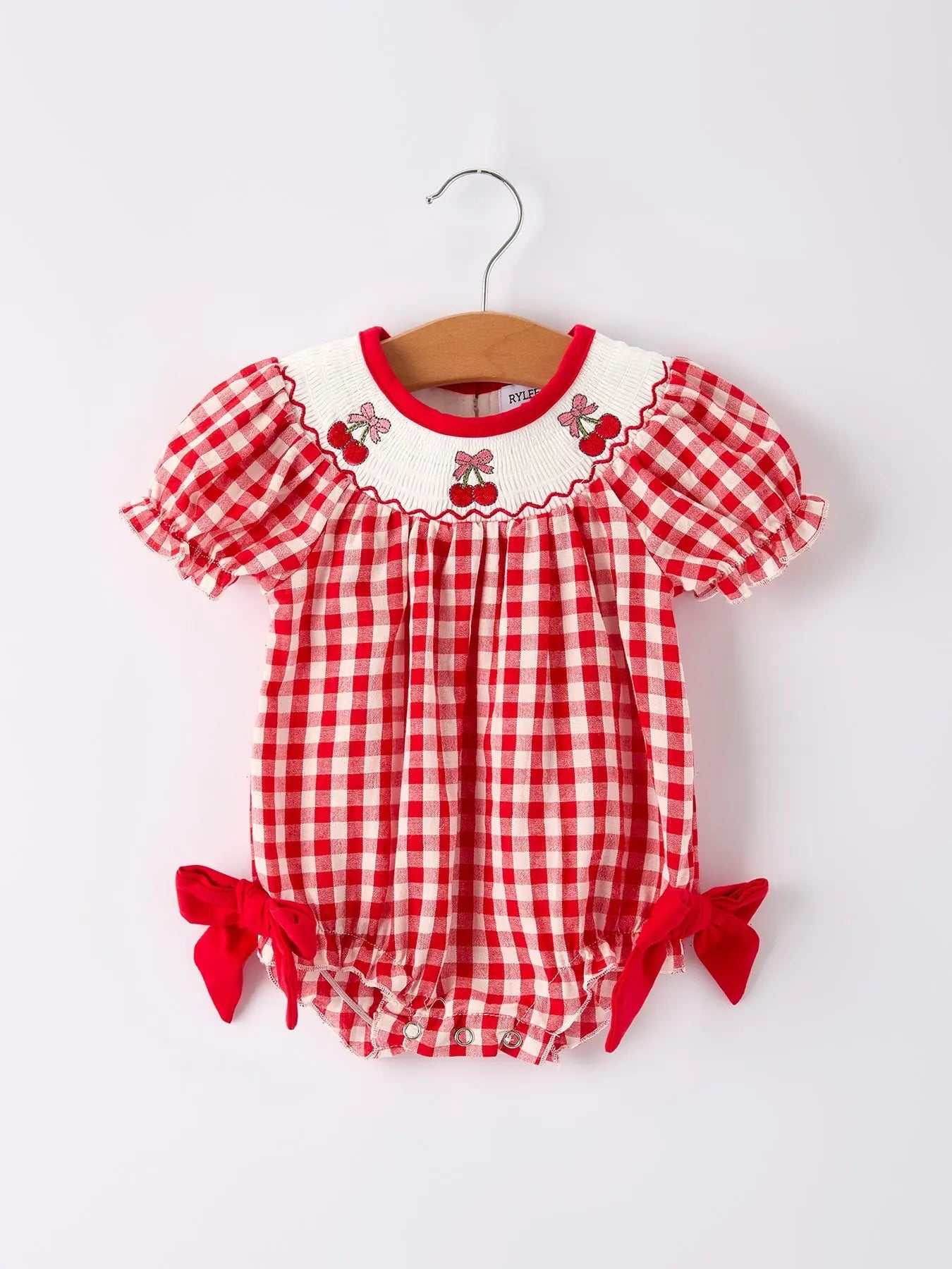 Red Cherry Bow Plaid Smocking Embroidery Girls Romper Rylee Faith Designs Everetts Place: Online Boutique