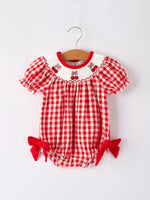 Rylee Faith Designs Red Cherry Bow Plaid Smocking Embroidery Girls Romper - Apparel & Accessories > Clothing > Baby & Toddler Clothing > Baby & Toddler Outfits Romper
