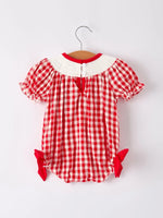 Rylee Faith Designs Red Cherry Bow Plaid Smocking Embroidery Girls Romper - Apparel & Accessories > Clothing > Baby & Toddler Clothing > Baby & Toddler Outfits Romper