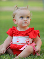 Rylee Faith Designs Red Cherry Bow Smocking Embroidery Girls Romper - Apparel & Accessories > Clothing > Baby & Toddler Clothing > Baby & Toddler Outfits Romper