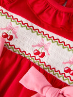 Rylee Faith Designs Red Cherry Bow Smocking Embroidery Girls Romper - Apparel & Accessories > Clothing > Baby & Toddler Clothing > Baby & Toddler Outfits Romper