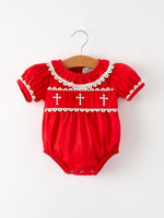 Rylee Faith Designs Red Christmas Baby Girls Romper Cross Embroidery Lace - Everetts Place Boutique - 