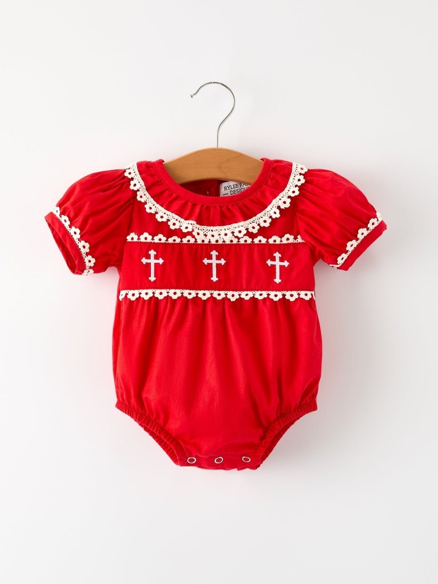 Rylee Faith Designs Red Christmas Baby Girls Romper Cross Embroidery Lace - Everetts Place Boutique - 