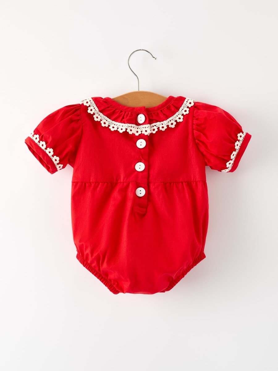 Rylee Faith Designs Red Christmas Baby Girls Romper Cross Embroidery Lace - Everetts Place Boutique - 